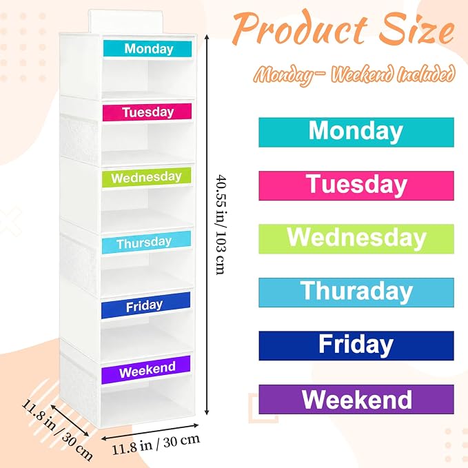 Weekly Clothes Organizer for Closet, 6-Shelf Hanging Closet Organizer with 6 Side Pockets(White)