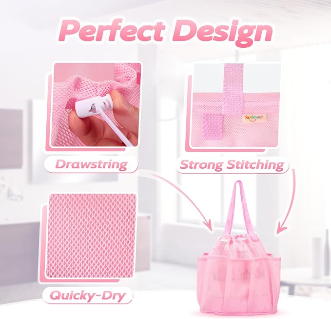 famichan Mesh Shower Caddy Portable with Drawstring, Dorm Room Essentials for College Students Girls, Large Shower Bag for Camping,Swimming,Gym,Travel,Bathroom - Pink