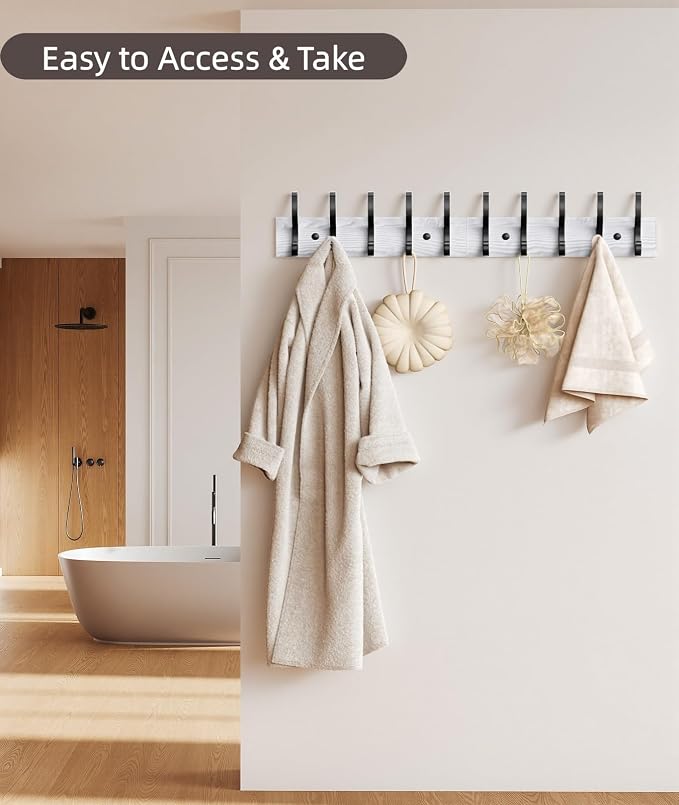 Optish 2 Pack Wooden Coat Rack Wall Mount, 16.1" Rustic Coat Hanger Hooks with 10 Double Hooks, Wall Coat Rack for Hat, Clothes, Bags, Jacket, Brown, White