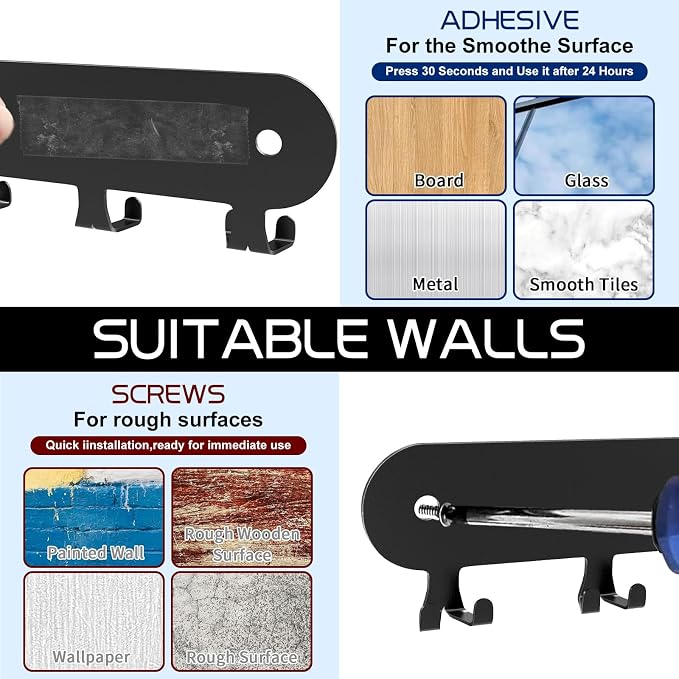 2 Pack Key Holder for Wall, Key Hooks, Key Holder Wall Mount Self Adhesive | Key Rack Wall Mount for Wall No Drill for Living Room, Kitchen, Bathroom, Garage (Black, 12 Hooks)