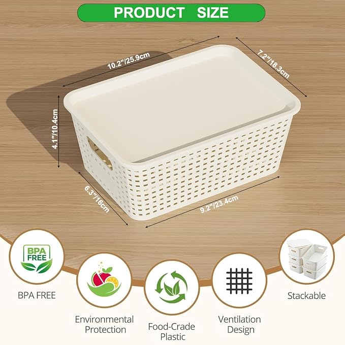 Resze 6 Pack Plastic Breathable Storage Baskets with Lids, White | Organizer Bins& Containers for Pantry, Desktops, Cabinet, Closet, Offices Organization Toys, Space Saving, Easy-Carry Handles
