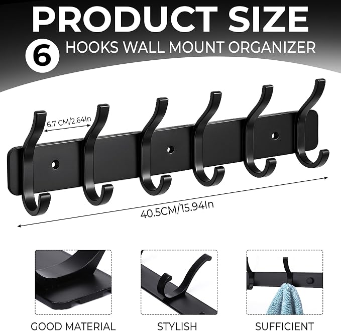 Wall Mount Coat Rack 1 Pack, Black Coat Hooks Hanger with 6 Double Hooks | Zinc Alloy, Smooth Hook Edges, Screw Installation, Double Hooks，Greater Storage Space for Hanging Robes, Clothes, Bags, Hat
