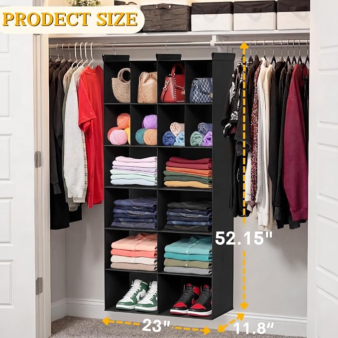 6 Tier Hanging Closet Organizer, 16 Compartments Dual Row Storage, Black | Closet Organizers and Storage with Large & Small Pockets, 3 Sturdy Hooks Support Heavy Loads, Ideal for Dorm, Garment Rack