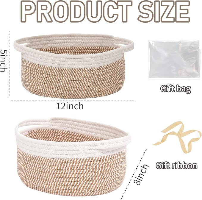 JMvicyroam Small Woven Basket, Empty Gift Basket, White&Brown Block/3 Pack | Small Gift Basket, Cotton Rope, 12 x 8 x 86 in, Handles, Includes Ribbon and Bag, Birthday Gift Basket