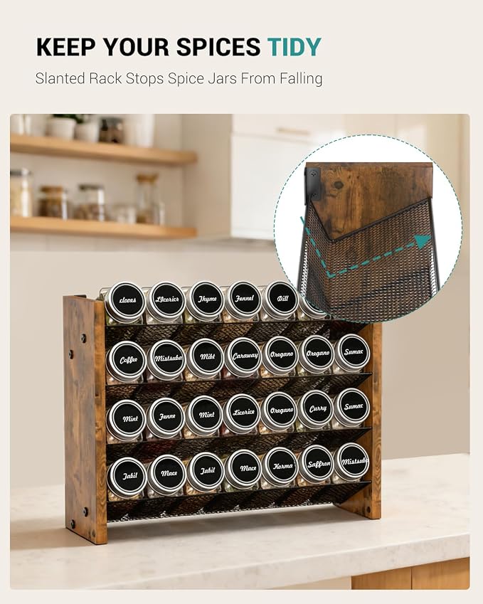 NESAPTO Spice Rack Organizer with 28 Glass Spice Jars, Wood 4-Tier Seasoning Organizer with Labels for Cabinet, Pantry, Countertop or Wall Mount, Chalk Marker and Funnel Set, 14" W × 9.4" H