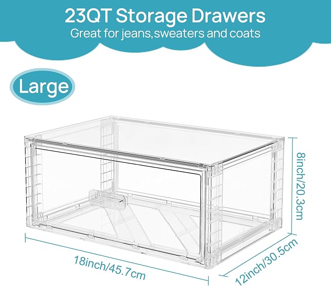 Vtopmart 6 Pack Large Clear Stackable Storage Drawers 23QT | Easily Assemble Plastic Closet Storage Bins, Dust-Proof UnderBed Organizer for Clothing, Sweater Organization