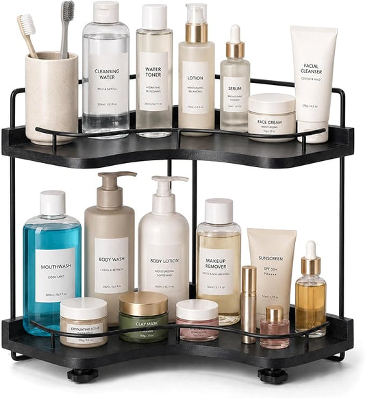 2-Tier Bathroom Counter Organizer, Solid Wood Corner Shelf for Vanity Countertop, Skincare & Makeup Storage Organizer with Metal Frame, Kitchen Counter Storage, Black