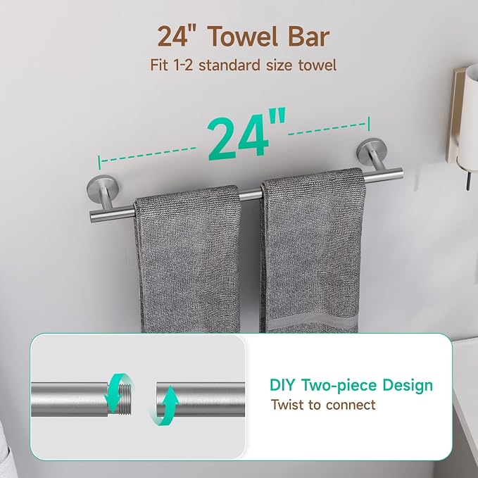 USHOWER 8PCS Brushed Nickel Bathroom Hardware Set, 24-Inch Towel Bar Set | Durable SUS304 Stainless Steel Bathroom Accessories Set, Towel Racks for Bathroom Wall Mounted, Modern Home Decor