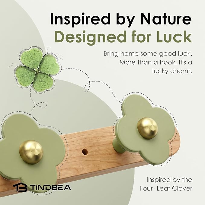 Tindbea Upgreded Heavy Duty Coat Rack Wall Mount for Entryway, Kids' Room | Cheery Wood, Green, 5 Hooks