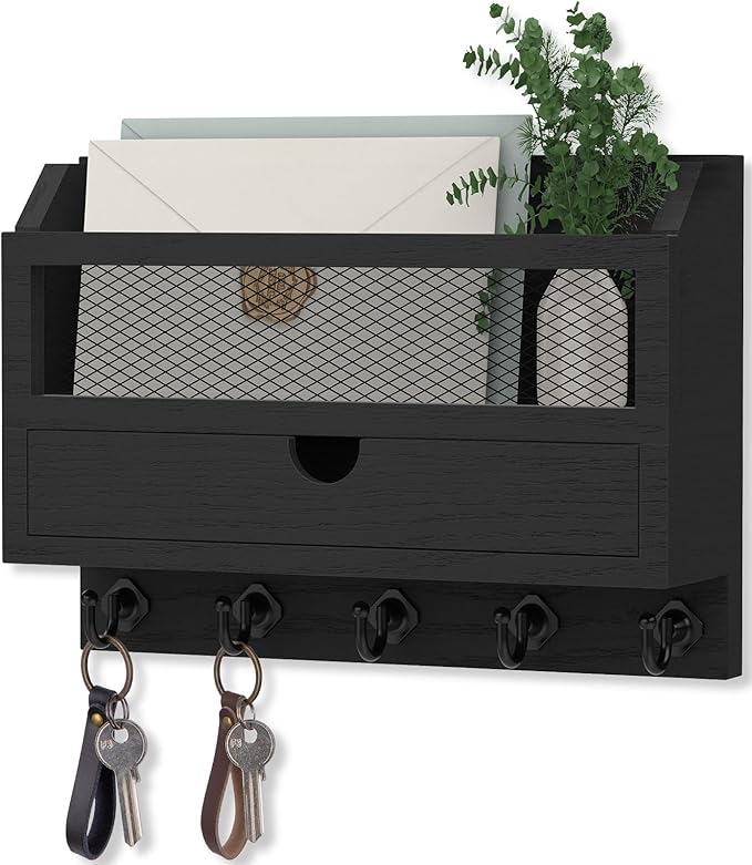 Nekon Key and Mail Holder for Wall, Key Organizer with 5 Hooks & Storage Drawer, 11" W x 7.9" H x 3.1" D Wooden Key Rack for Entryway and Home Decor (Black)