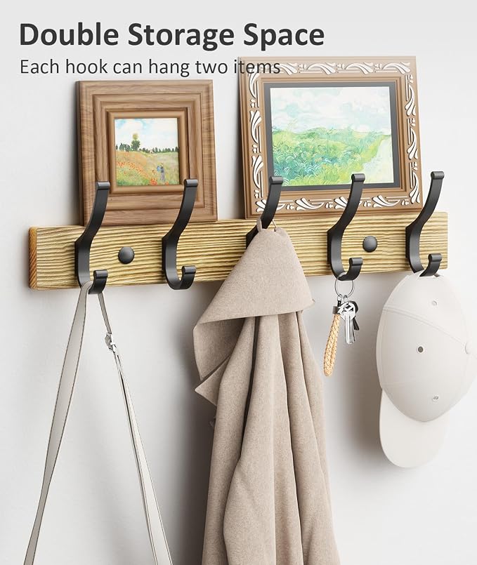 Optish Coat Rack Wall Mount, 16.5 Inches Wood Coat Hooks Wall Mount, Wall Coat Rack with 5 Hooks, Hat Rack Wall Hooks for Hanging Coat, Bag, Towel (2Pack, Natural)