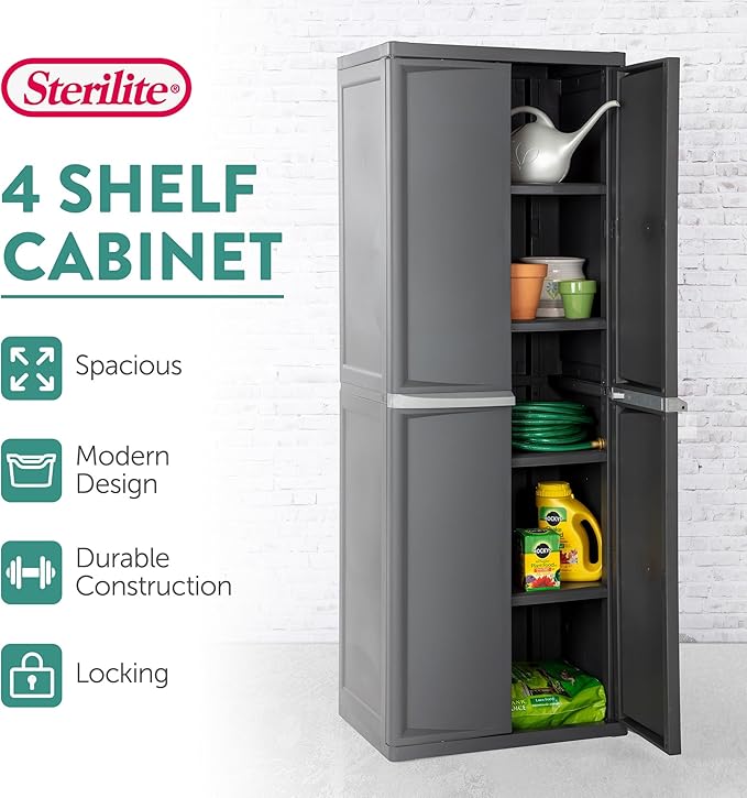 Sterilite Shelf Cabinet,4 Shelves,Flat Gray 01423V01-1 Each | Adjustable Shelves - Plastic Shelving Unit for Organizing Garage, Pantry, Basement, Laundry Room or Mudroom