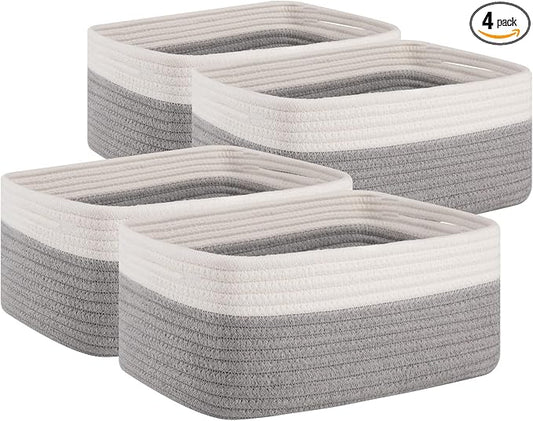OIAHOMY 4 Pack Storage Baskets for Organizing, Small Bins for Shelves, Cute Decorative Storage Bins, Organizer Baskets for Gifts Empty, 14.2''Lx11''Wx6.3'H, Grey/White