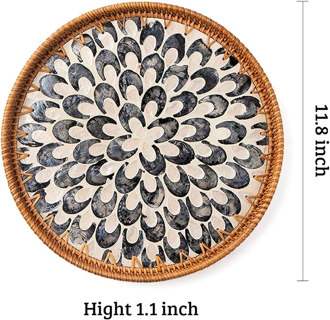 Round Rattan Tray with Mother of Pearl Inlay, Wooden Base | Coffee Table Serving Tray, Home Decorative Wicker Woven, for Outoor Patio Decor