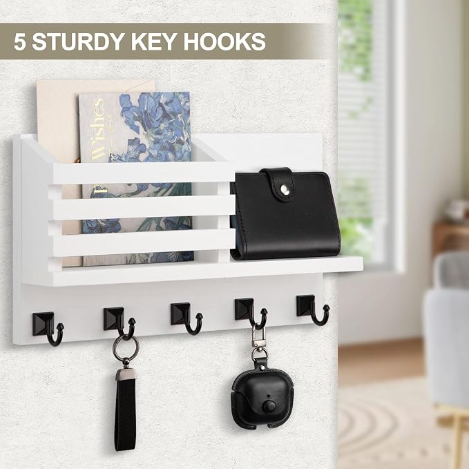 Key Holder Wall Mount, Mail Organizer for Wall with 5 Square Rustic Key Hooks Key Shelf Farmhouse Home Decor for Entryway