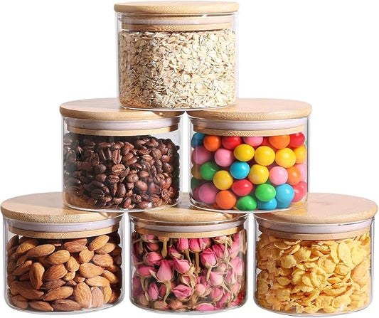 ComSaf Glass Storage Containers With Lids 0.5 Qt, 6 Pack Small Glass Jars | Small Glass Containers, Spice Jar 15oz, Candy, Family Snack Storage, Coffee Bar Organization, Size For Subpackage, BPA Free