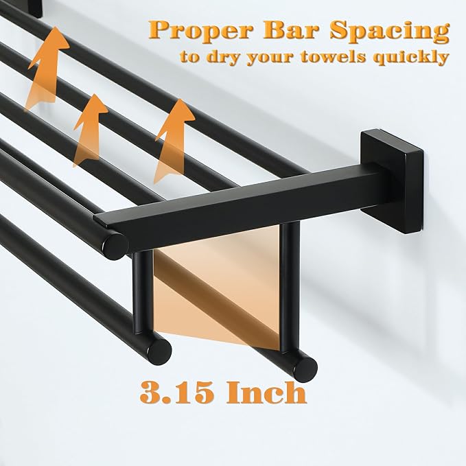 Alise Double Towel Rack for Bathroom Wall Mounted 16 Inch,Matte Black | Bathroom Tower Holder Towel Shelf with Double Towel Bars,SUS304 Stainless Steel Towel Rack with Shelf for Lavatory Kitchen