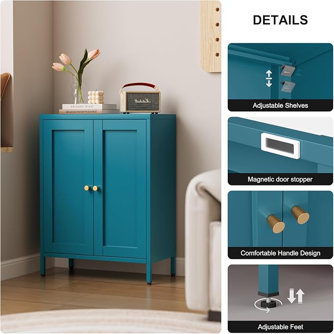Bevivog Bathroom Floor Storage Cabinet,Metal Locker Cabinet with 2 Doors and 2 Adjustable Shelves,Modern Small Accent Cabinets for Entryway,Living Room,Hallway