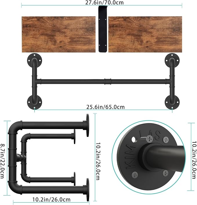 Yawinhe Industrial Pipe Clothing Rack with Shelves,Closet Rod,Rustic Brown | Heavy Duty Detachable Multi Purpose Hanging Rod ;Wall Mounted Rod;Clothing Garment Rail for Homes;Saving Space Clothes Bar