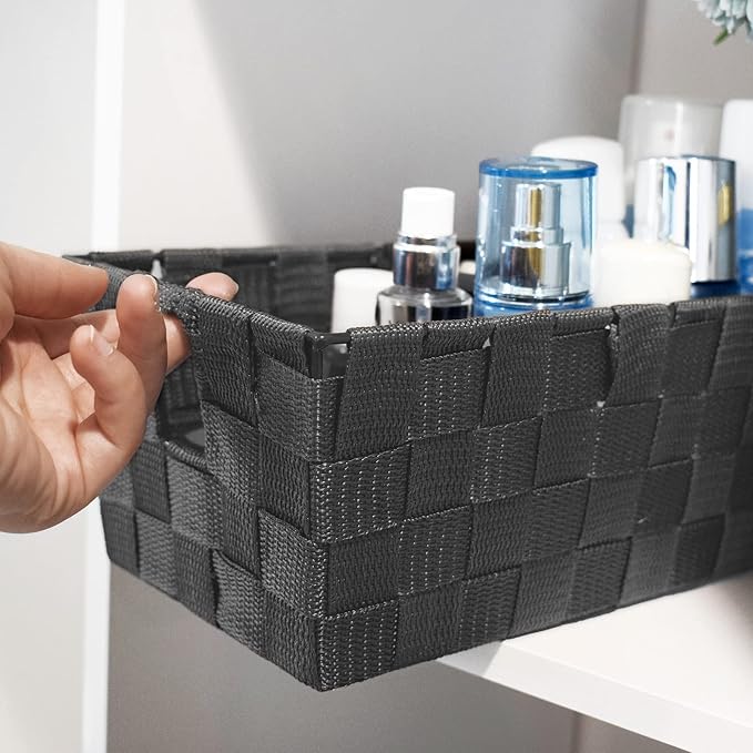 Storage Baskets for Organizing, Woven Organizer Baskets for Shelves, Small Strap Shelf Baskets for Bathroom Storage, Grey, Set of 4