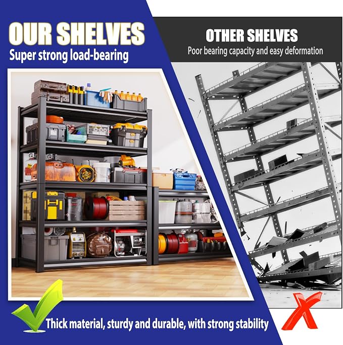 Garage Shelving-5 Tier Storage Shelves, Adjustable Heavy Duty Metal Shelving Unit and Storage Large Wire Rack, Utility Steel Shelf for Warehouse Industrial Pantry Basement -78"x46"x20", Black