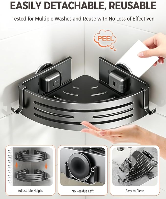 Conworld Corner Shower Caddy Suction Cups, No-Drilling Corner Shower Shelf | 1. No Drilling, No Wall Damage 2. Aluminum, Rustproof 3.Suitable for Ceramic Tiles and Glass Walls