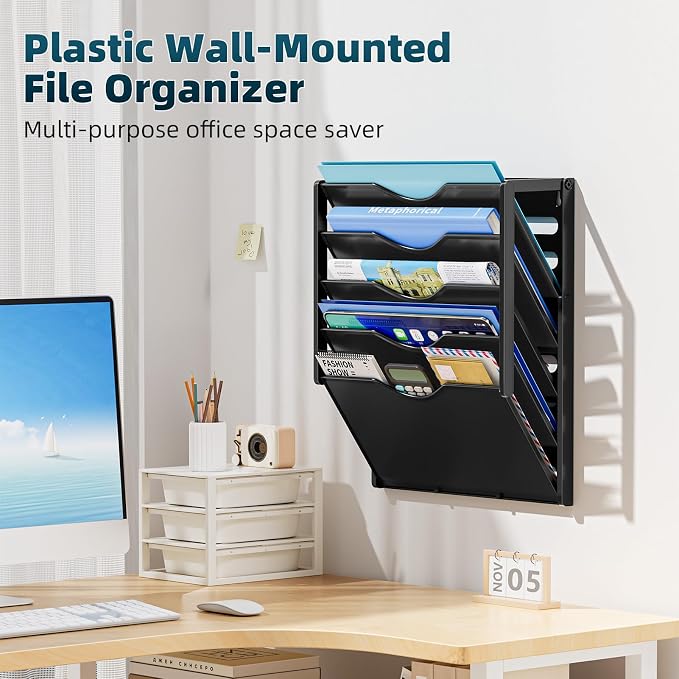 Marbrasse 5 Tier Wall File Organizer, Plastic Hanging File Holder for Mail, Magazines Paper Organizer Wall Mounted for Office Home (Black)