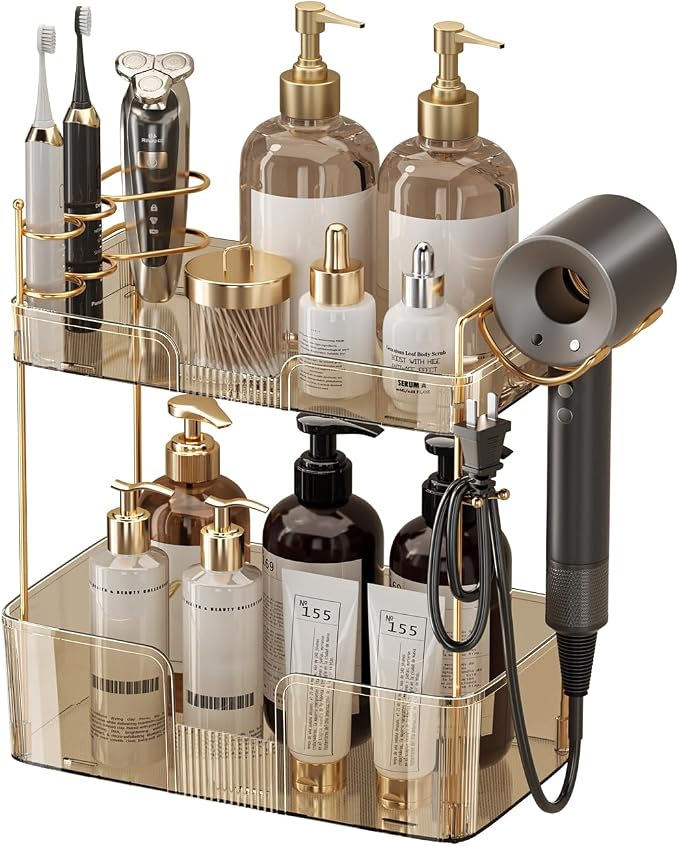 YCIA&DONE Bathroom Counter Organizer, Large Makeup Organizer Countertop, Shelf Storage, Vanity Tray, Easily Assemble for Bathroom Organizers and Storage, Undersink, Cabinet,2 Tiers Amber
