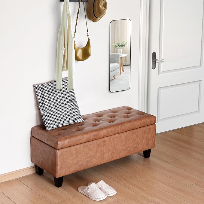 Redlife 42" Faux Leather Storage Ottoman Bench, End of Bed Storage Bench | Faux Leather, Solid Wood Leg, Safety Hinge, Modern Accent Leather Ottoman Storage for Bedroom Living Room Entryway, Brown