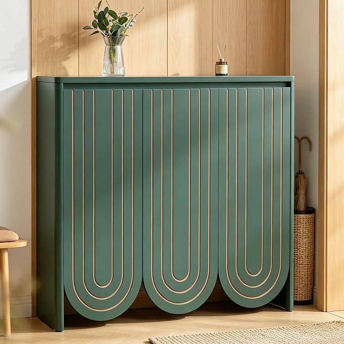 47" Large Shoe Cabinet for Entryway, Shoe Storage Cabinet with Adjustable Shelves, Mid-Century Modern Wooden Shoe Organizer with 3 Arched Doors, Extra Deep Shoe Rack for Sneakers & Boots (Green)