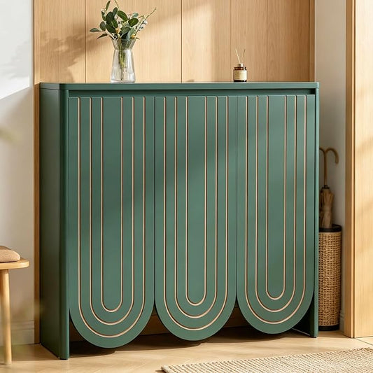47" Large Shoe Cabinet for Entryway, Shoe Storage Cabinet with Adjustable Shelves, Mid-Century Modern Wooden Shoe Organizer with 3 Arched Doors, Extra Deep Shoe Rack for Sneakers & Boots (Green)
