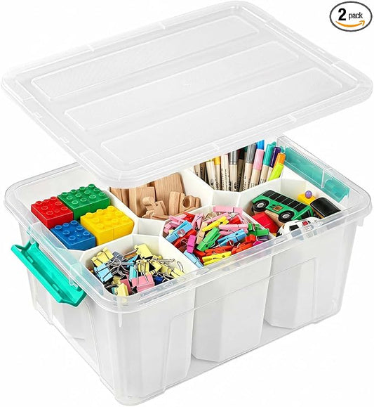 EOENVIVS Clear Storage Tote with 6 Tall Inserts, Large Plastic Organizer Box with Lid and Handles, 15.94x11.61x7.28 Inches, Multi-Functional Container for Cosmetics, Toys, School Supplies
