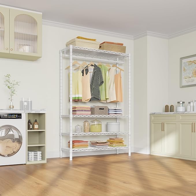 VIPEK V1 4-Tier Clothes Rack with Hanging Rod, Freestanding Closet, White | Freestanding Closet Clothing Rack with 4 Adjustable Shelves for Bedroom/Closet/Laundry Rooms, Heavy Duty Max Load 500 LBS