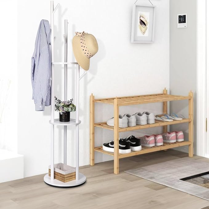 Wood Coat Rack Freestanding Rotary Coat tree with 3 Shelves and 9 Hooks | Heavy Duty Coat Rack Coat Hanger Stand for Entryway, Bedroom, Living Room – Holds Jackets, Coats, Hats, Bags (White)