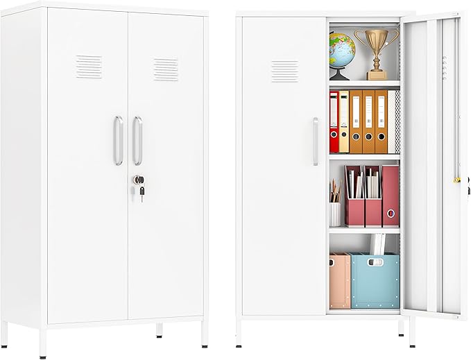 PAOFIN 47" Metal Storage Locker, Lockable Employees Metal Locker with 2 Door and Adjustable Shelves, Steel Locker for Home, School, Office, Gym (White)