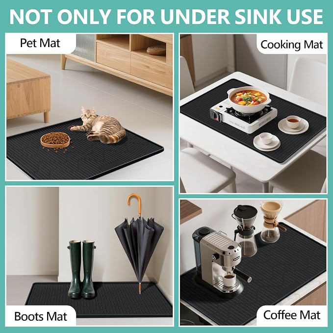 36" x 24" Under Sink Mat for Kitchen Lanstics Under Sink Organizer Black | Waterproof Raised Edge Silicone Mat Sink Protector Silicone Organizers Tray for Kitchen Bathroom