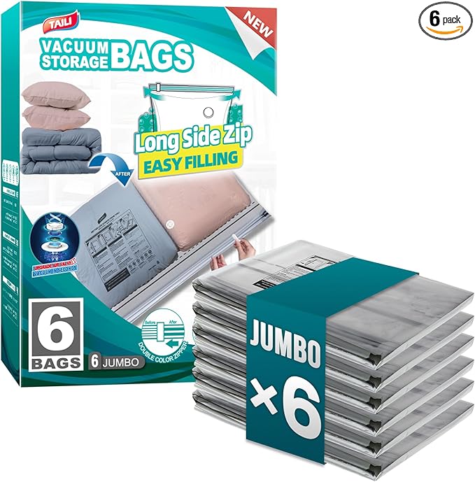 TAILI 6 Pack Vacuum Storage Bags, Jumbo LONG SIDE ZIP(39x28 inch), Clear | Vacuum Seal Bags for Clothing, Space Saver for Beddings, Comforters, Blankets, Pillows