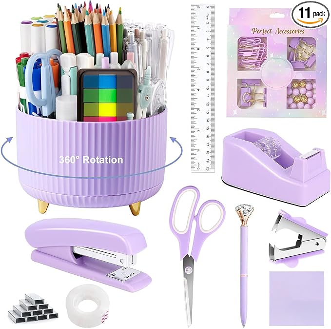 Office Supplies,School Supplies,Purple Desk Accessories,Desk Organizer,Scissors,Stapler,Tape Dispenser,Binder Clips,Staples,Staple Remover,Sticky Notes,Clear Tape,Pen,Ruler,Best Gift,11pcs