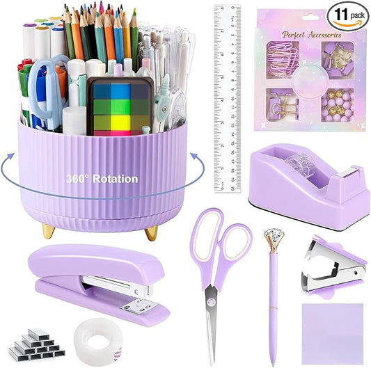 Office Supplies,School Supplies,Purple Desk Accessories,Desk Organizer,Scissors,Stapler,Tape Dispenser,Binder Clips,Staples,Staple Remover,Sticky Notes,Clear Tape,Pen,Ruler,Best Gift,11pcs