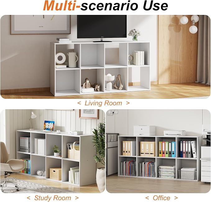 Sweetcrispy 8 Cube Storage Organizer, Stackable Modular Bookcase Shelf | Vertical or Horizontal Use, Fits 11×11" Bins, Removable Back Panels, for Living Room, Office, Entrance White Wood
