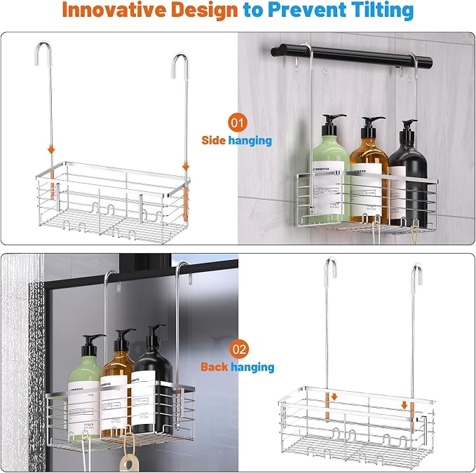 YUOROS 304 Stainless Steel Shower Caddy Hanging (Silver) | Over the Door Shower Organizer Rack Rustproof Bathroom Storage Shampoo Holder Basket
