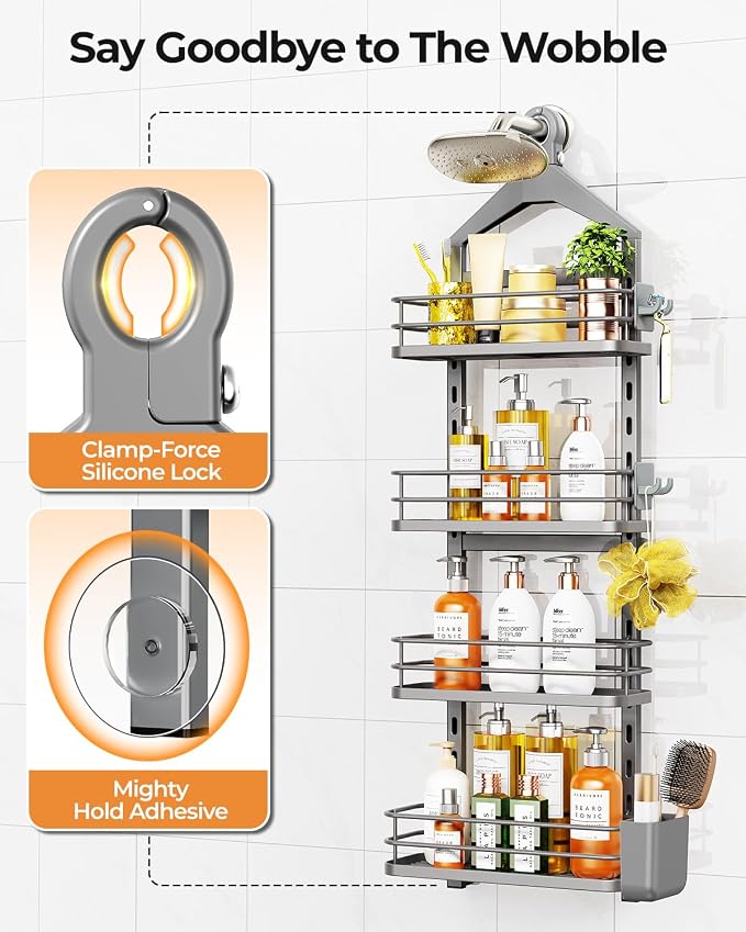 ODesign 4 Tier Adjustable Hanging Shower Caddy Over Showerhead Grey | Shower organizer hanging,no drilling required,comes with removable hook and storage box, suitable for indoor showers