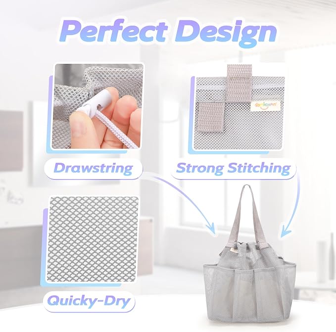 famichan Mesh Shower Caddy Portable with Drawstring, Dorm Room Essentials for College Students, Grey Shower Bag for Camping,Swimming,Gym,Travel,Bathroom