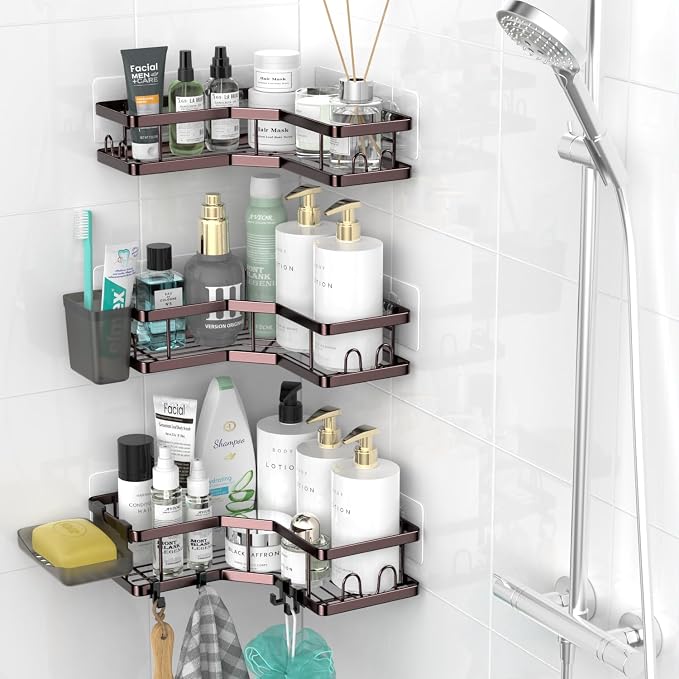 AKTECKE Corner Shower Caddy Organizer Shelf: Adhesive No Drilling Shower Rack Bathtub Shelves - 3Pack Rustproof Bathroom Shower Shelf