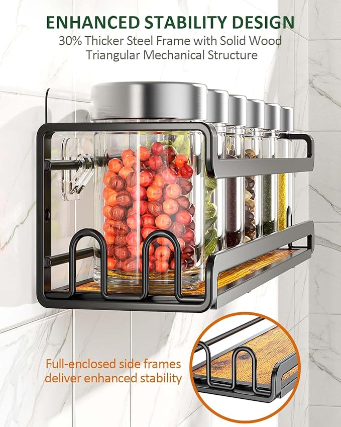 Doakhirmit Wall Mounted Spice Rack,Wooden Spice Holder Black,2 Pack | 8 Hooks,Screw or Adhesive Installation , Hanging Organizer for Stove Cabinet Pantry Door Kitchen and RV Use