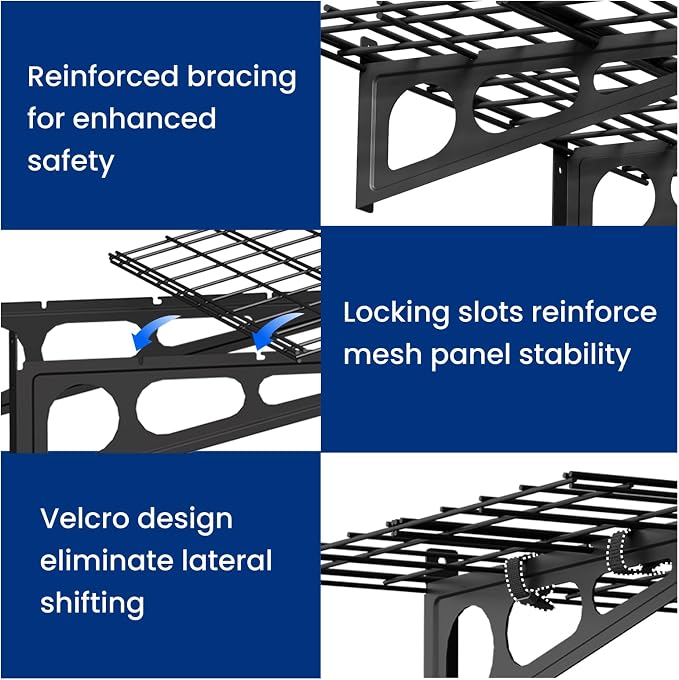 FLEXIMOUNTS 2-Pack Garage Shelving with Hooks, 2x6ft Storage Shelves, Black | 24-inch-by-72-inch Wall Shelf Garage Storage Racks Floating Shelves, Rustproof Seamless Grid Design, Classic Series