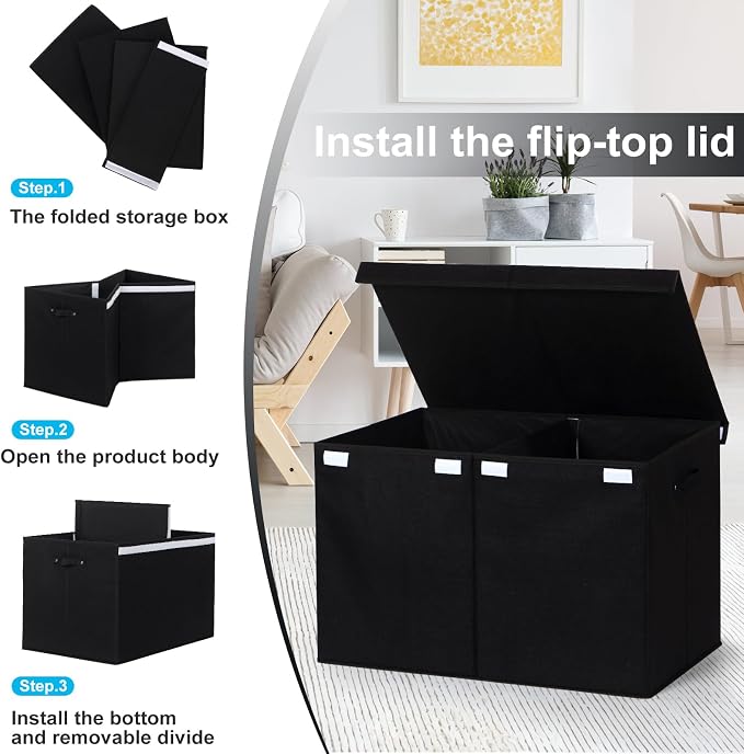 Large Toy Box Chest Storage with Flip-Top Lid, Kids Toy Storage Bin Boxes | Toy Chest with with Removable Divider for Kids, Boys, Girls, Nursery, Living Room, Bedroom, 26"x17" x17" (Linen Black)