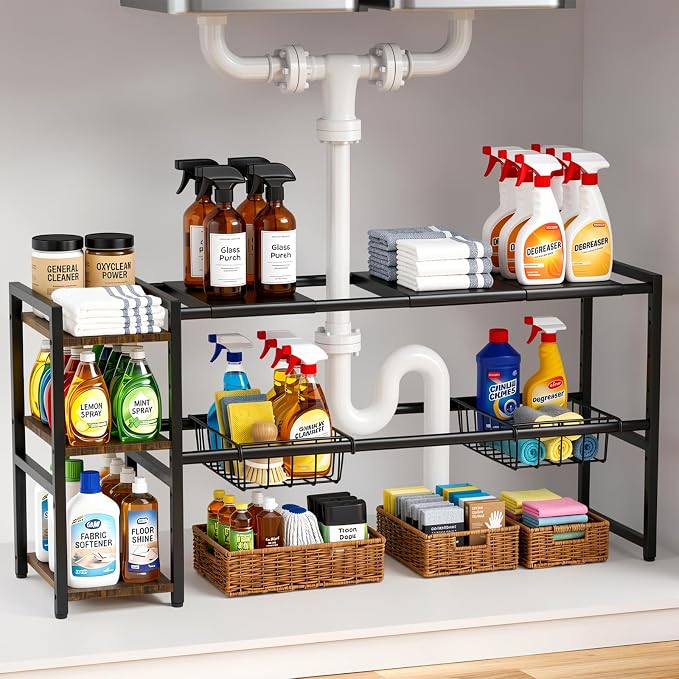 Housolution Expandable Under Sink Cabinet Organizer Rack and Storage Shelf | 24"-37.8" Expandable Length, 3-Tier Side Wooden Shelves, Height Adjustable for Kitchen Bathroom
