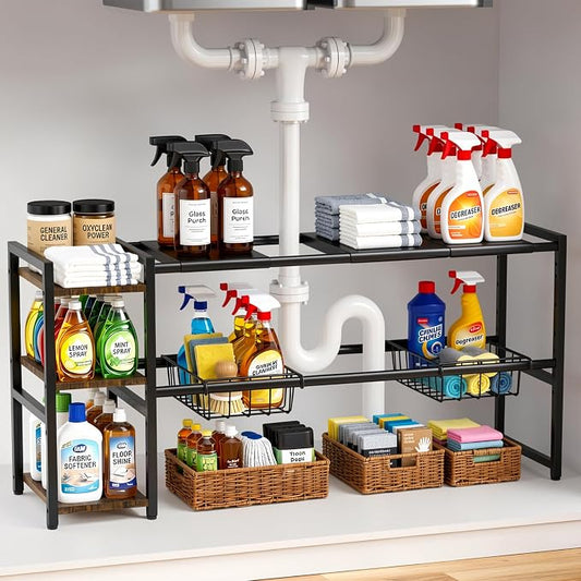 Housolution Expandable Under Sink Cabinet Organizer Rack and Storage Shelf | 24"-37.8" Expandable Length, 3-Tier Side Wooden Shelves, Height Adjustable for Kitchen Bathroom
