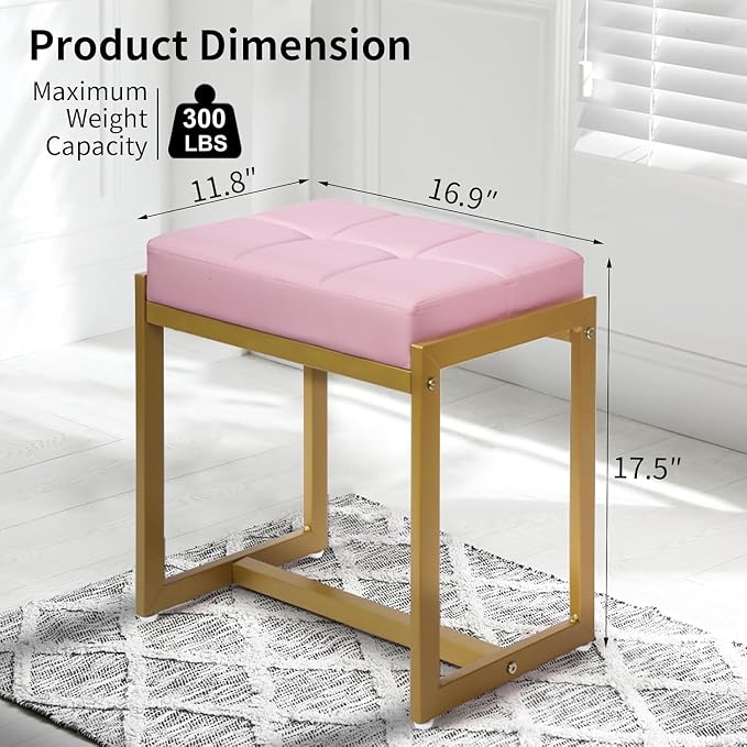 Vanity Stool, Pink Small Vanity Stools Chair, Square Cushion Makeup Chairs for Vanity, Metal Foot Stool Ottoman Seat for Bedroom Makeup Living Room, Pink & Gold